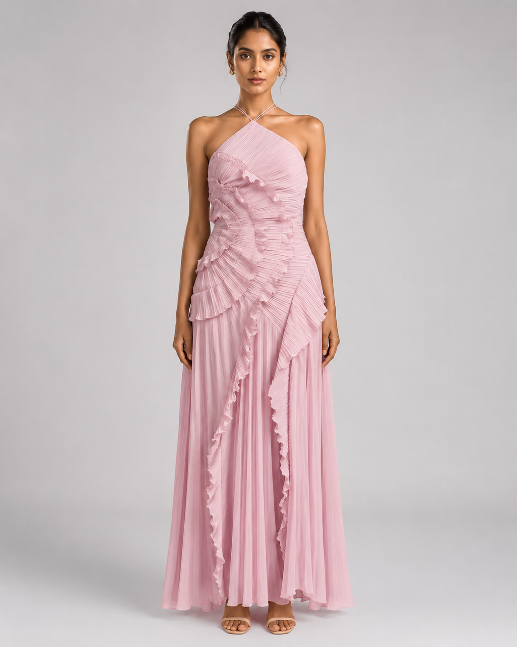 Pleated Halter Maxi Dress – Ruffled Asymmetric Wedding Guest Gown - Luxxella