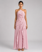 Pleated Halter Maxi Dress – Ruffled Asymmetric Wedding Guest Gown - Luxxella