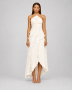 Pleated Halter Maxi Dress – Ruffled Asymmetric Wedding Guest Gown - Luxxella