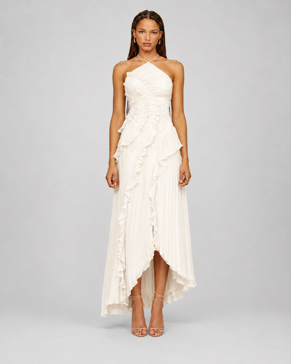 Pleated Halter Maxi Dress – Ruffled Asymmetric Wedding Guest Gown - Luxxella