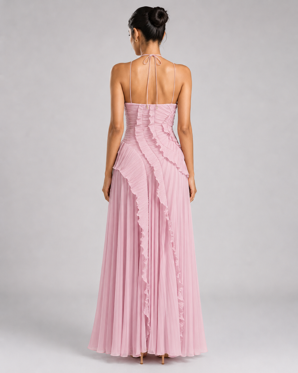Pleated Halter Maxi Dress – Ruffled Asymmetric Wedding Guest Gown - Luxxella