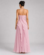 Pleated Halter Maxi Dress – Ruffled Asymmetric Wedding Guest Gown - Luxxella