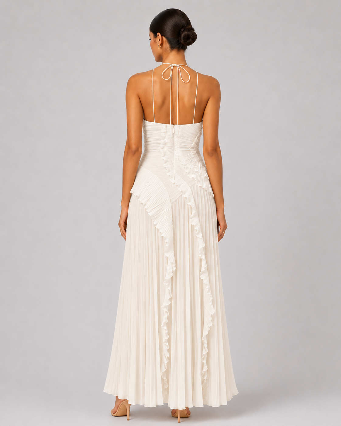 Pleated Halter Maxi Dress – Ruffled Asymmetric Wedding Guest Gown - Luxxella