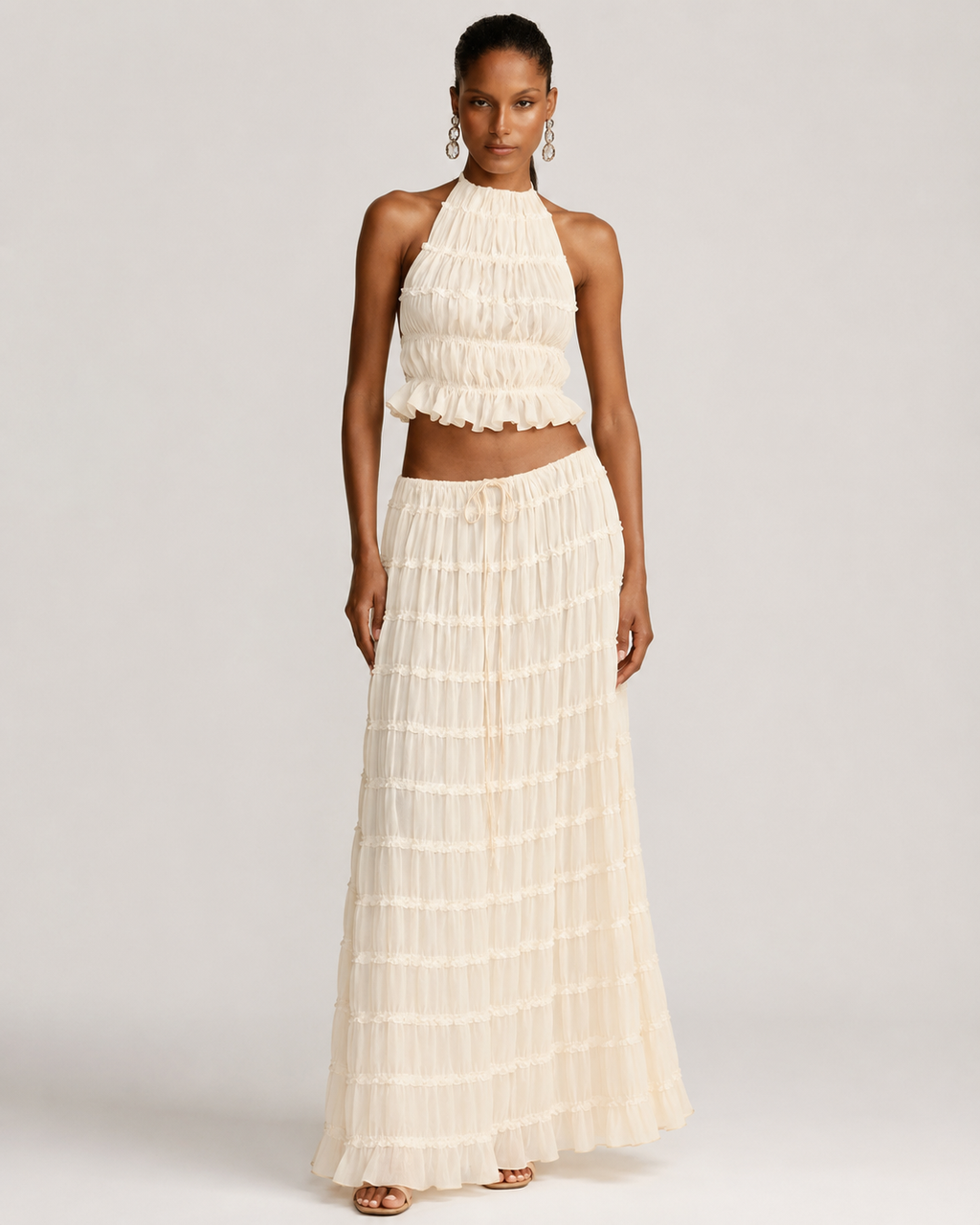 Pleated Ruffle 2 Piece Maxi Set – Backless Halter Crop Top and Tiered Long Skirt - Luxxella
