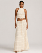 Pleated Ruffle 2 Piece Maxi Set – Backless Halter Crop Top and Tiered Long Skirt - Luxxella