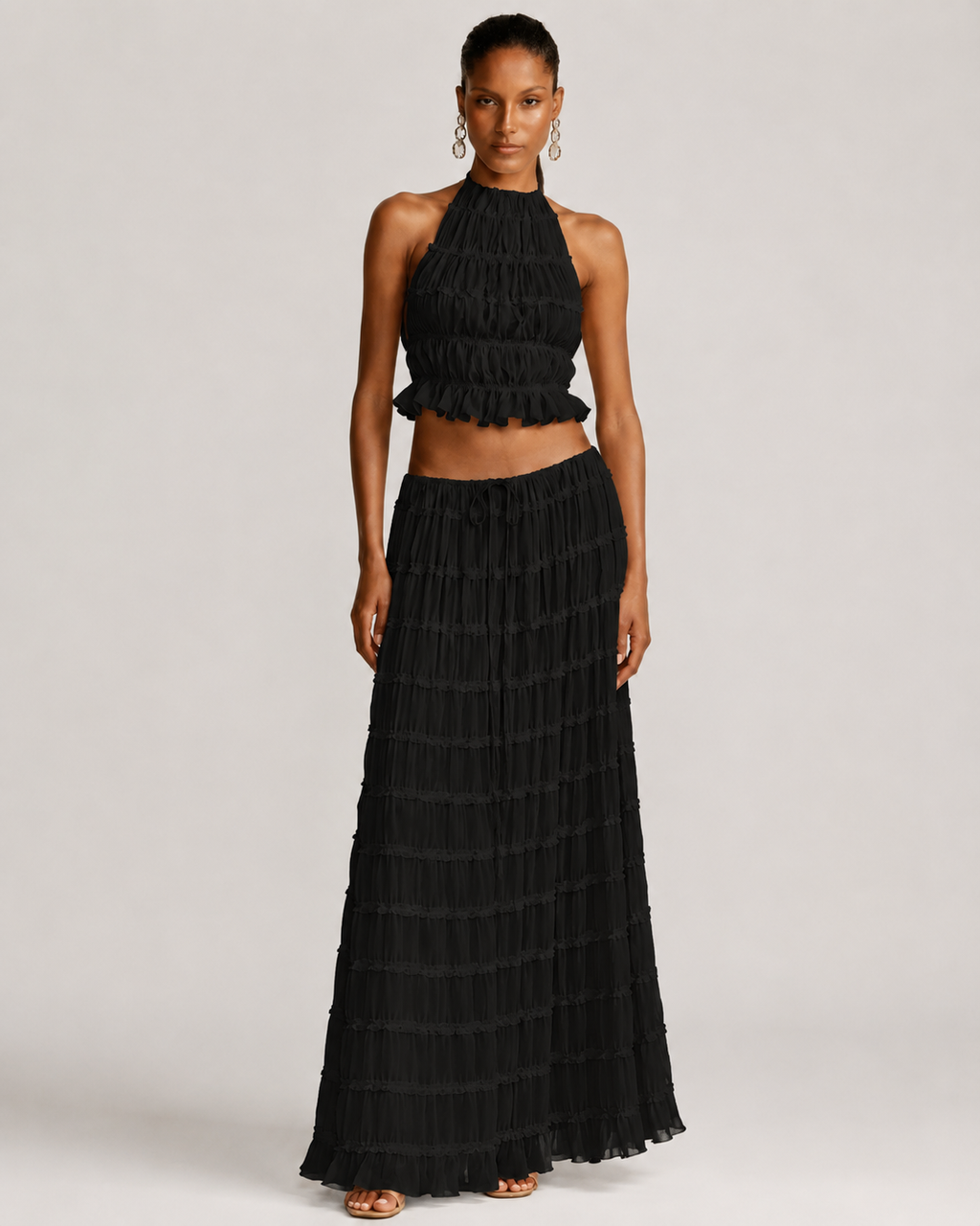Pleated Ruffle 2 Piece Maxi Set – Backless Halter Crop Top and Tiered Long Skirt - Luxxella