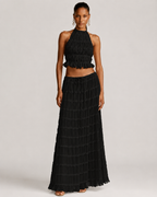 Pleated Ruffle 2 Piece Maxi Set – Backless Halter Crop Top and Tiered Long Skirt - Luxxella