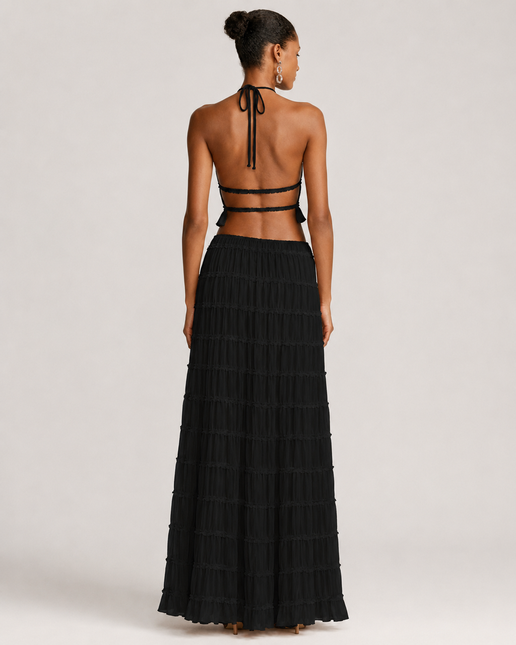 Pleated Ruffle 2 Piece Maxi Set – Backless Halter Crop Top and Tiered Long Skirt - Luxxella