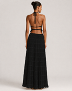 Pleated Ruffle 2 Piece Maxi Set – Backless Halter Crop Top and Tiered Long Skirt - Luxxella
