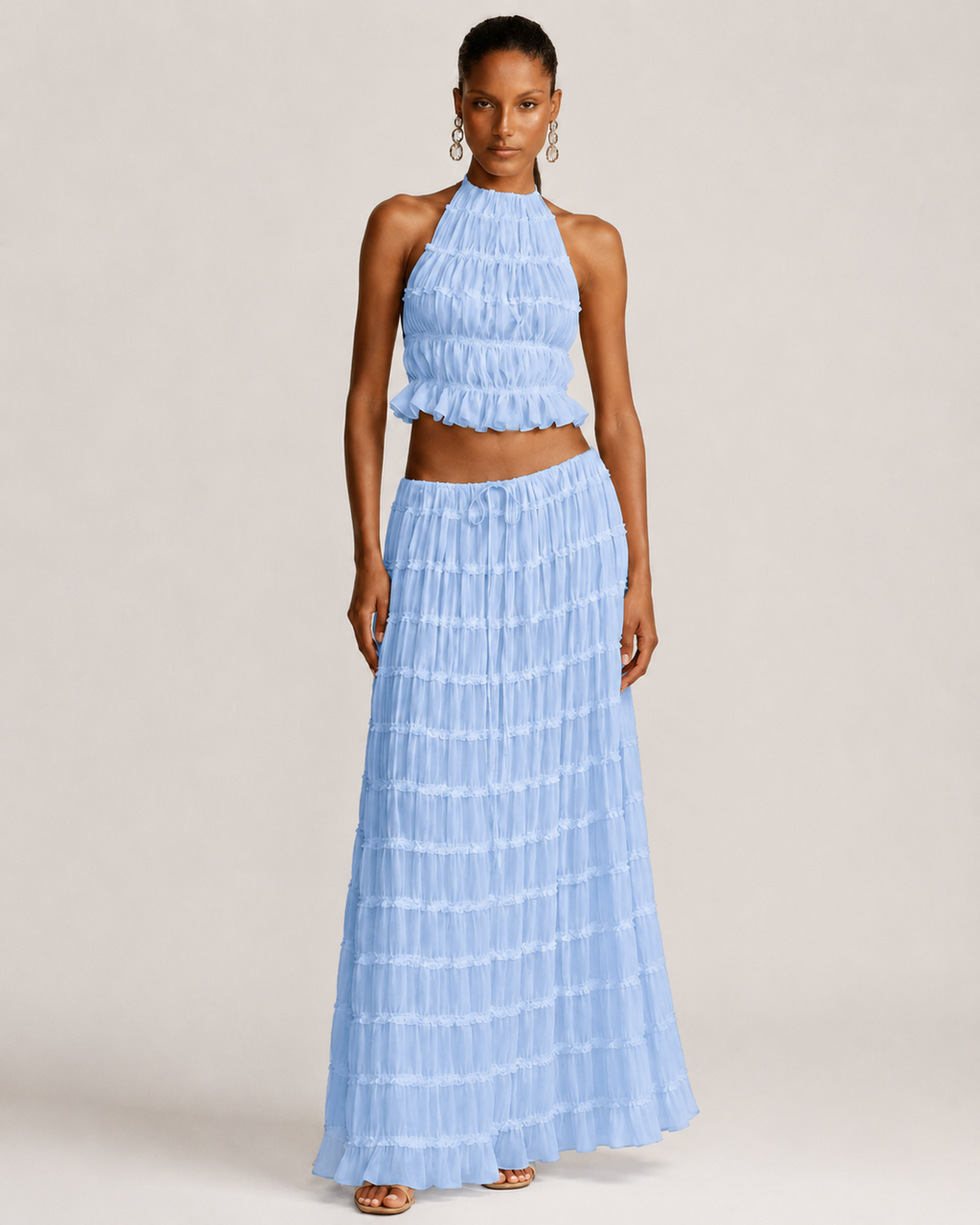 Pleated Ruffle 2 Piece Maxi Set – Backless Halter Crop Top and Tiered Long Skirt - Luxxella