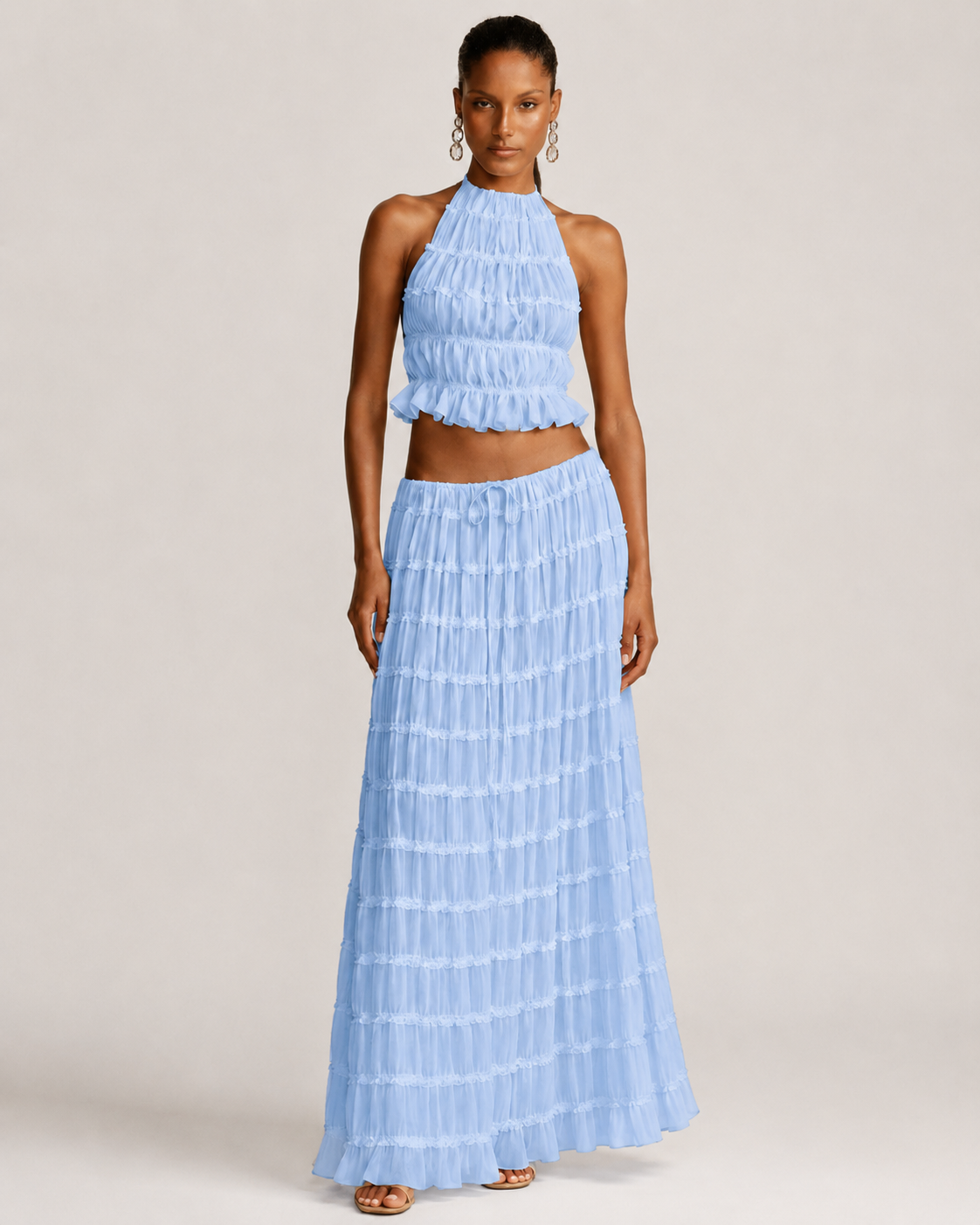 Pleated Ruffle 2 Piece Maxi Set – Backless Halter Crop Top and Tiered Long Skirt - Luxxella