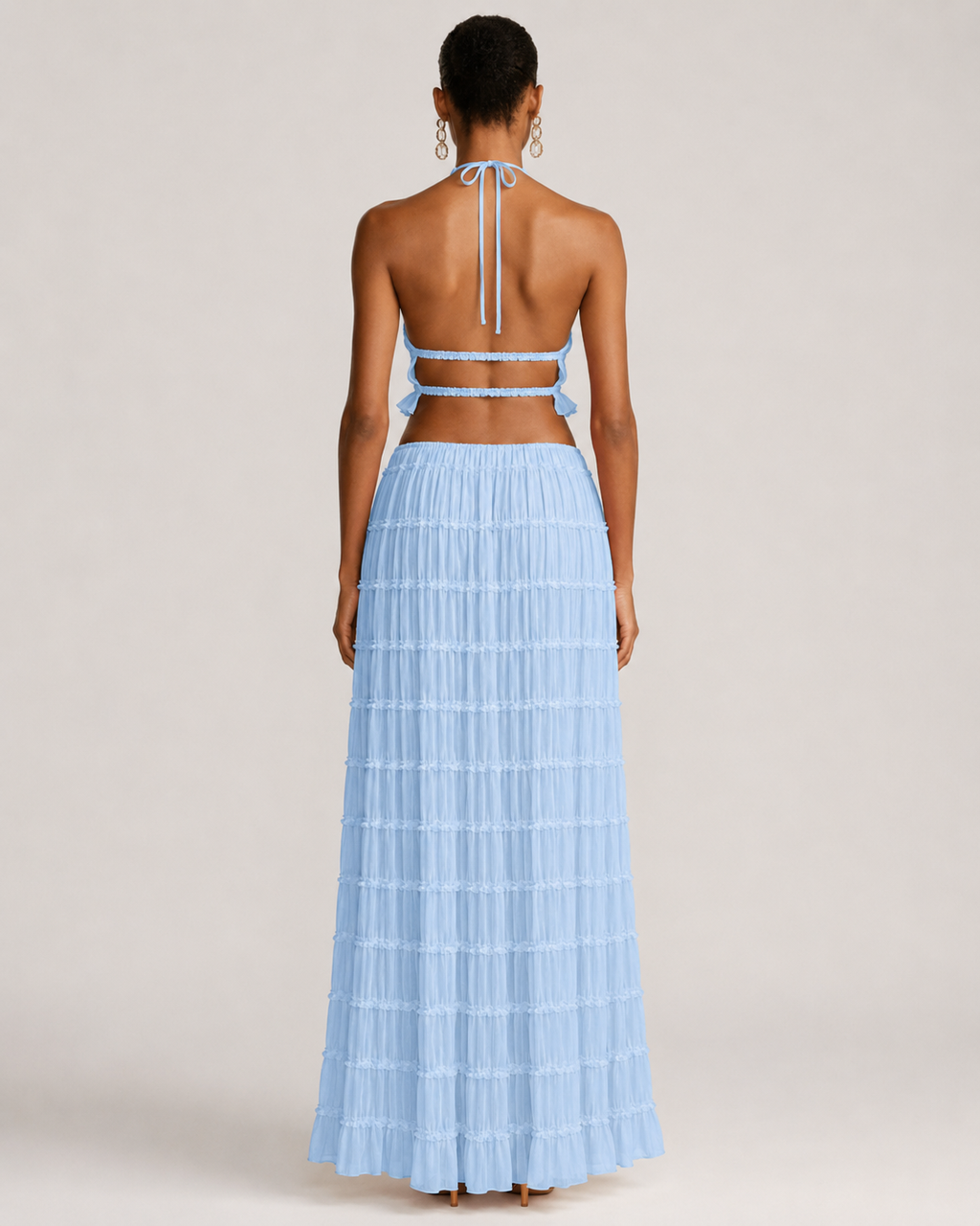 Pleated Ruffle 2 Piece Maxi Set – Backless Halter Crop Top and Tiered Long Skirt - Luxxella