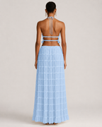 Pleated Ruffle 2 Piece Maxi Set – Backless Halter Crop Top and Tiered Long Skirt - Luxxella