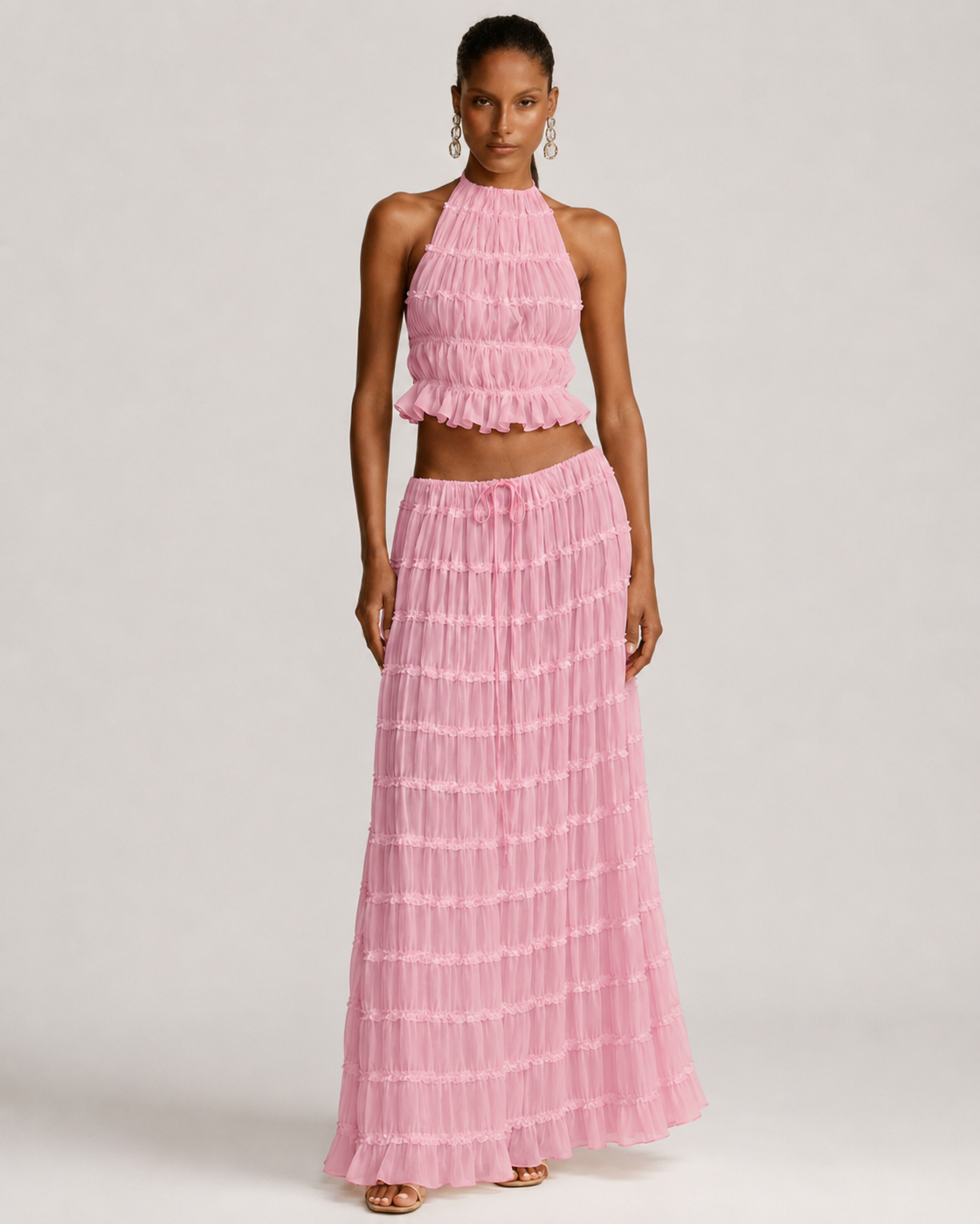 Pleated Ruffle 2 Piece Maxi Set – Backless Halter Crop Top and Tiered Long Skirt - Luxxella