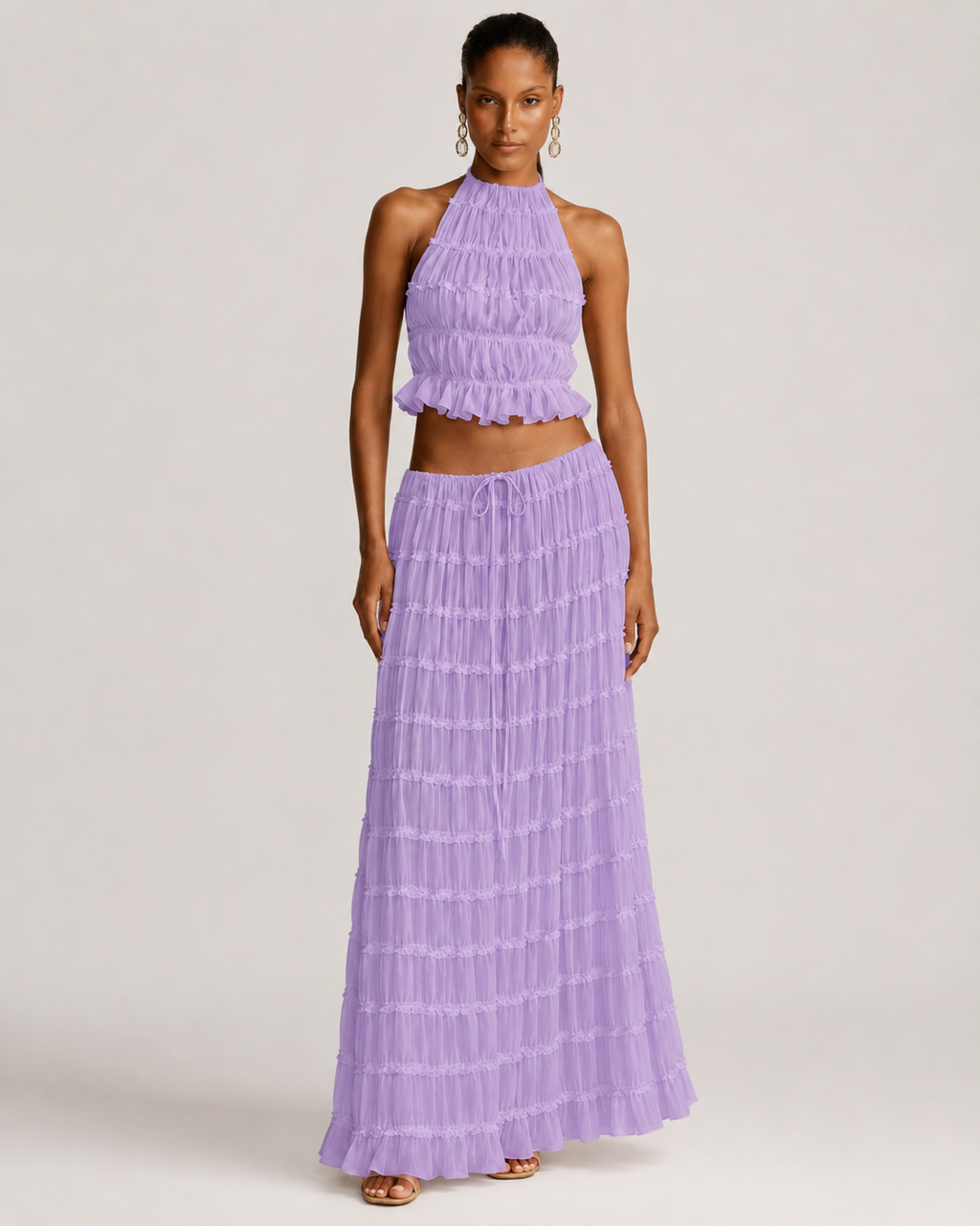 Pleated Ruffle 2 Piece Maxi Set – Backless Halter Crop Top and Tiered Long Skirt - Luxxella