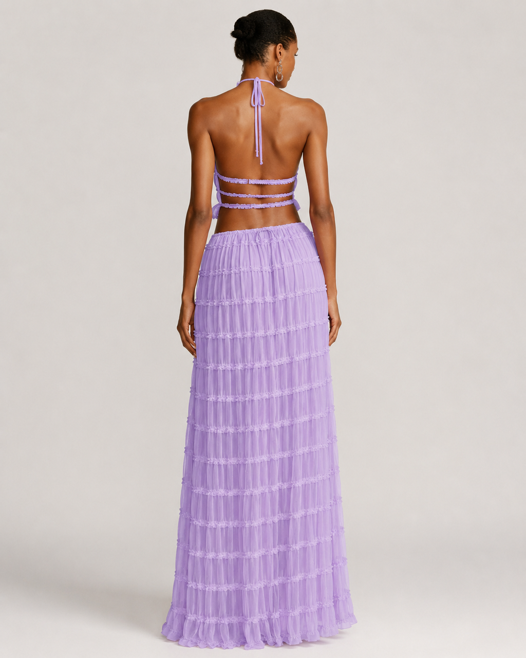 Pleated Ruffle 2 Piece Maxi Set – Backless Halter Crop Top and Tiered Long Skirt - Luxxella