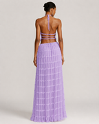 Pleated Ruffle 2 Piece Maxi Set – Backless Halter Crop Top and Tiered Long Skirt - Luxxella