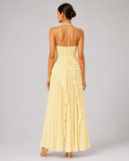 Pleated Halter Maxi Dress – Ruffled Asymmetric Wedding Guest Gown - Luxxella