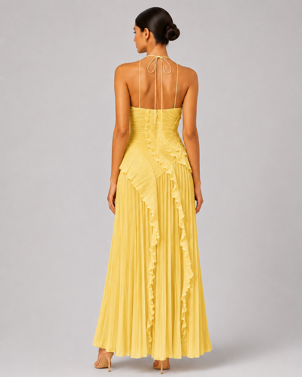 Pleated Halter Maxi Dress – Ruffled Asymmetric Wedding Guest Gown - Luxxella