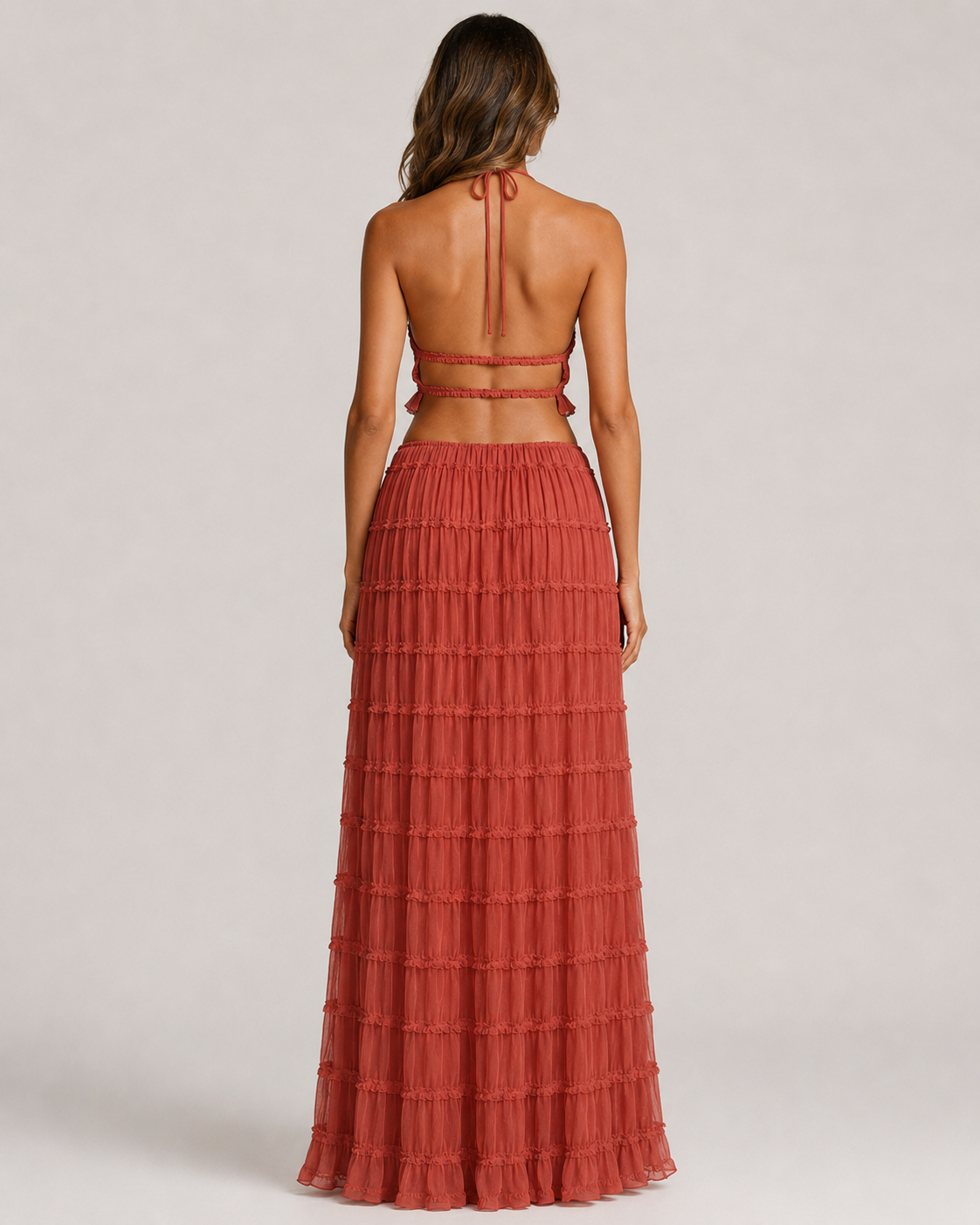 Pleated Ruffle 2 Piece Maxi Set – Backless Halter Crop Top and Tiered Long Skirt - Luxxella