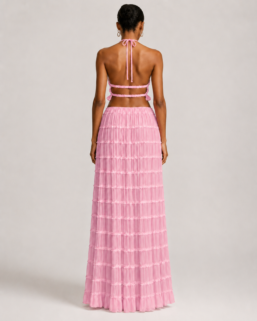 Pleated Ruffle 2 Piece Maxi Set – Backless Halter Crop Top and Tiered Long Skirt - Luxxella