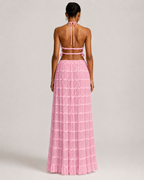 Pleated Ruffle 2 Piece Maxi Set – Backless Halter Crop Top and Tiered Long Skirt - Luxxella