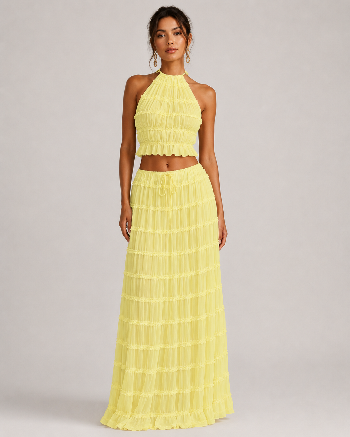 Pleated Ruffle 2 Piece Maxi Set – Backless Halter Crop Top and Tiered Long Skirt - Luxxella