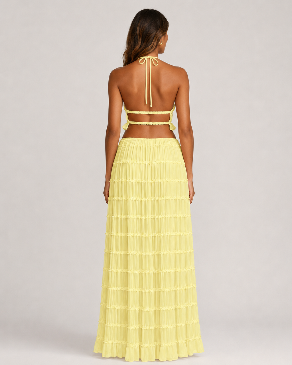 Pleated Ruffle 2 Piece Maxi Set – Backless Halter Crop Top and Tiered Long Skirt - Luxxella