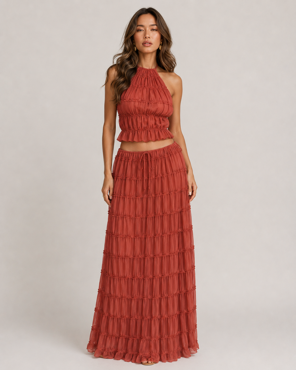 Pleated Ruffle 2 Piece Maxi Set – Backless Halter Crop Top and Tiered Long Skirt - Luxxella