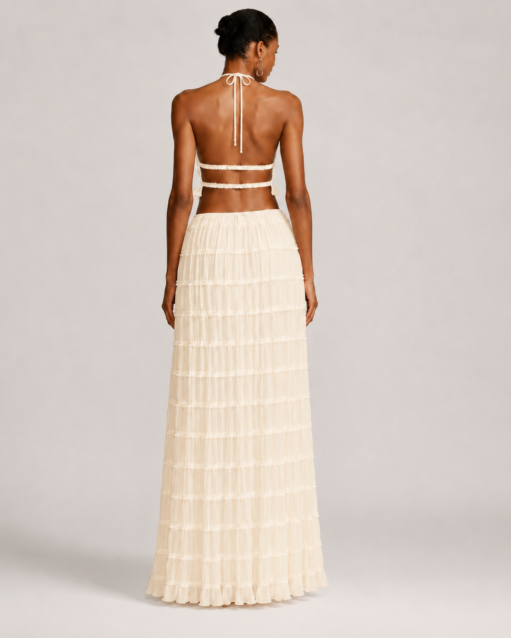 Pleated Ruffle 2 Piece Maxi Set – Backless Halter Crop Top and Tiered Long Skirt - Luxxella