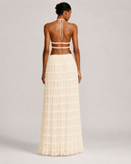 Pleated Ruffle 2 Piece Maxi Set – Backless Halter Crop Top and Tiered Long Skirt - Luxxella