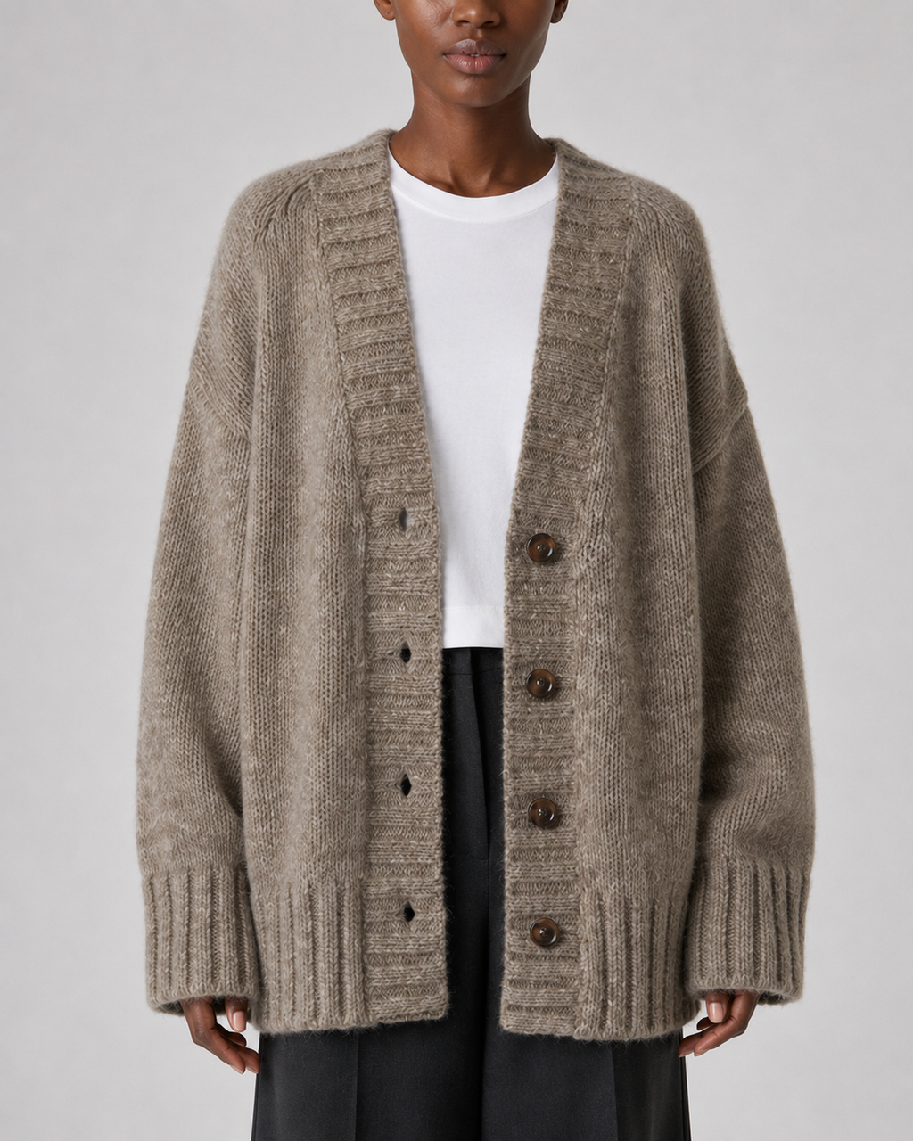 Women's Wool Oversized Button-Up Cardigan - Autumn Winter Marled Knit Relaxed Sweater - Luxxella