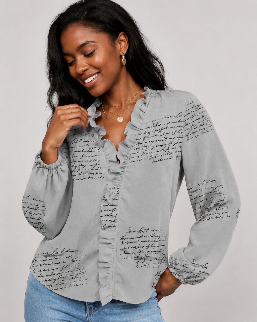 Ruffle V-Neck Long Sleeve Blouse - Casual Lantern Sleeve Loose Fit - Luxxella
