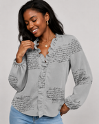 Ruffle V-Neck Long Sleeve Blouse - Casual Lantern Sleeve Loose Fit - Luxxella