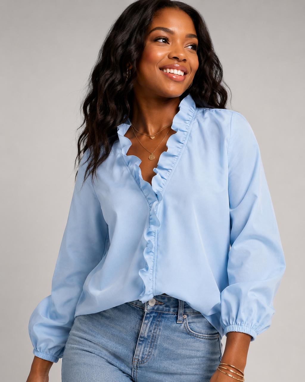 Ruffle V-Neck Long Sleeve Blouse - Casual Lantern Sleeve Loose Fit - Luxxella