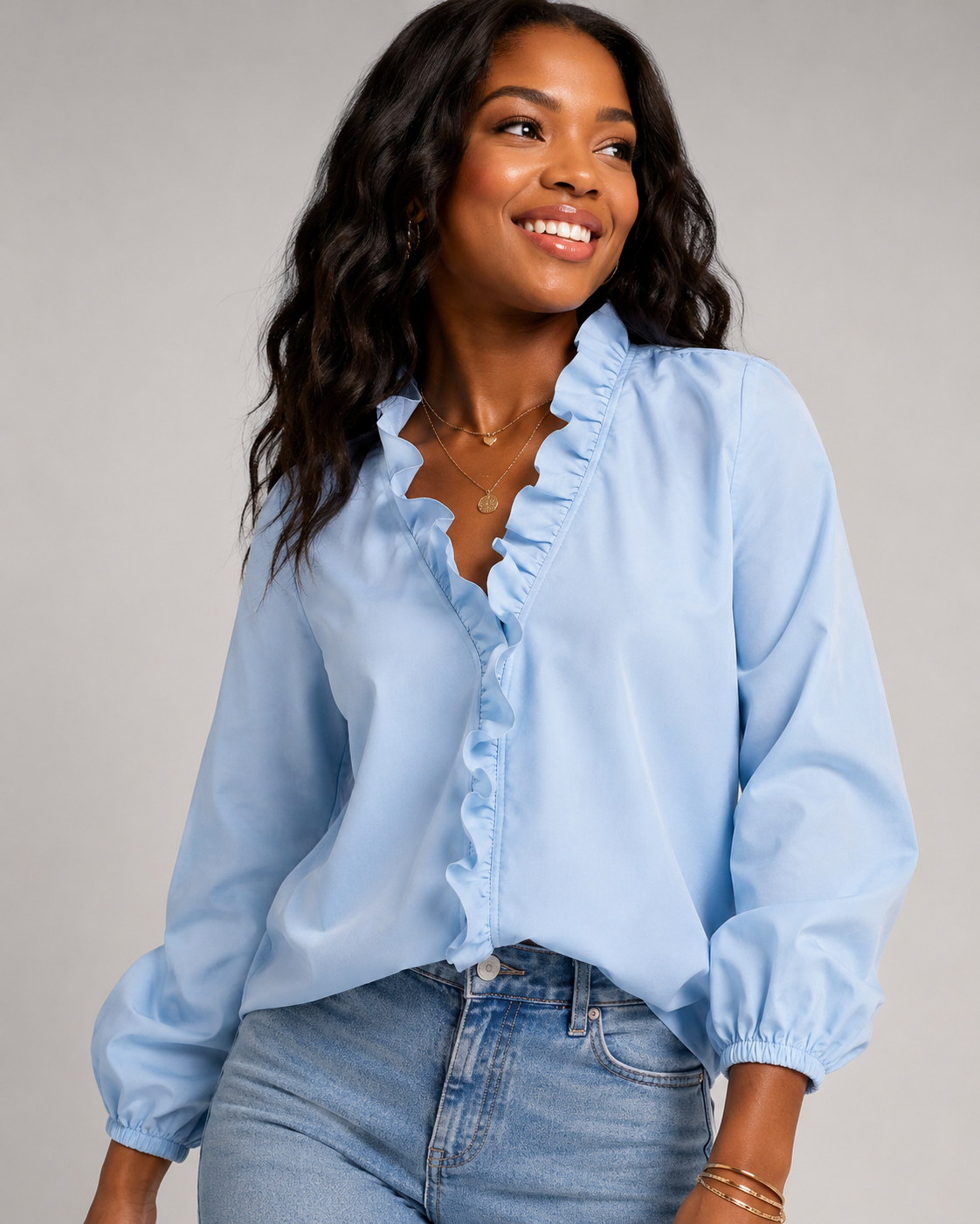 Ruffle V-Neck Long Sleeve Blouse - Casual Lantern Sleeve Loose Fit - Luxxella