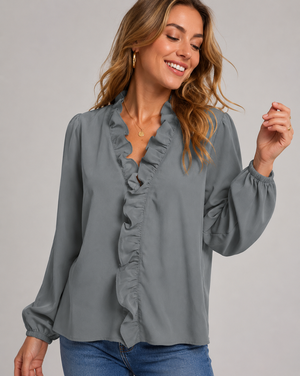 Ruffle V-Neck Long Sleeve Blouse - Casual Lantern Sleeve Loose Fit - Luxxella