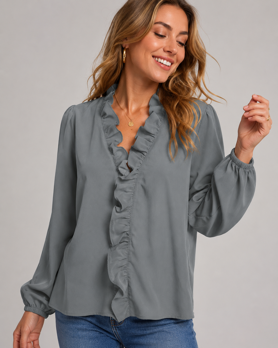 Ruffle V-Neck Long Sleeve Blouse - Casual Lantern Sleeve Loose Fit - Luxxella