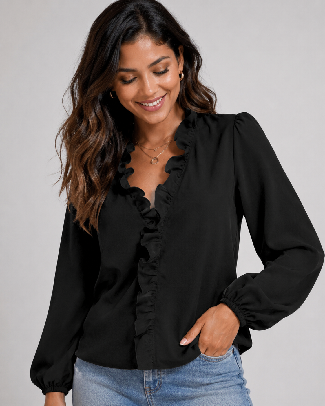 Ruffle V-Neck Long Sleeve Blouse - Casual Lantern Sleeve Loose Fit - Luxxella