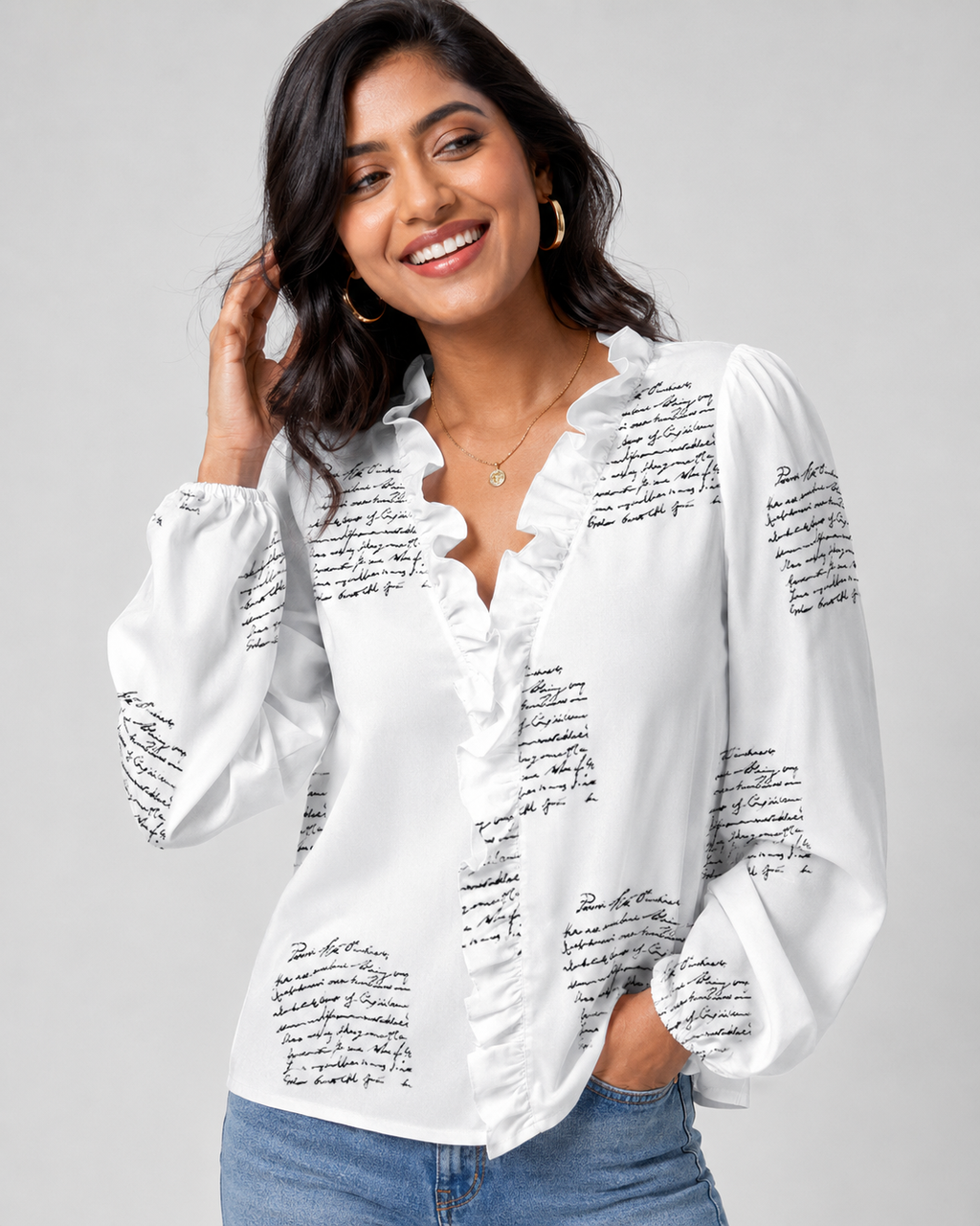 Ruffle V-Neck Long Sleeve Blouse - Casual Lantern Sleeve Loose Fit - Luxxella