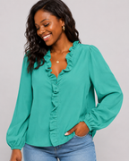 Ruffle V-Neck Long Sleeve Blouse - Casual Lantern Sleeve Loose Fit - Luxxella