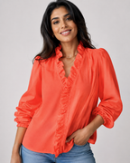 Ruffle V-Neck Long Sleeve Blouse - Casual Lantern Sleeve Loose Fit - Luxxella