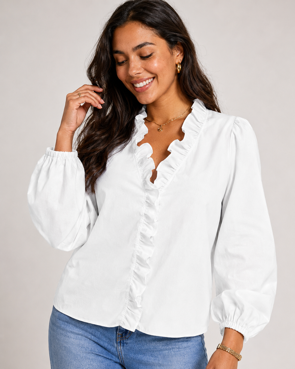 Ruffle V-Neck Long Sleeve Blouse - Casual Lantern Sleeve Loose Fit - Luxxella
