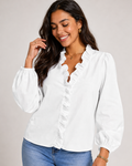 Ruffle V-Neck Long Sleeve Blouse - Casual Lantern Sleeve Loose Fit - Luxxella
