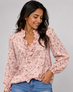 Ruffle V-Neck Long Sleeve Blouse - Casual Lantern Sleeve Loose Fit - Luxxella