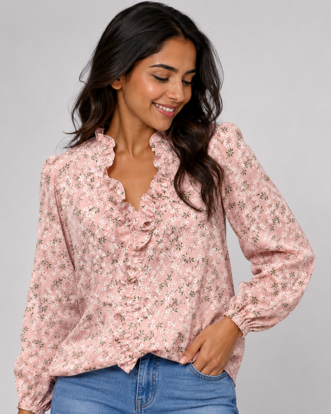 Ruffle V-Neck Long Sleeve Blouse - Casual Lantern Sleeve Loose Fit - Luxxella