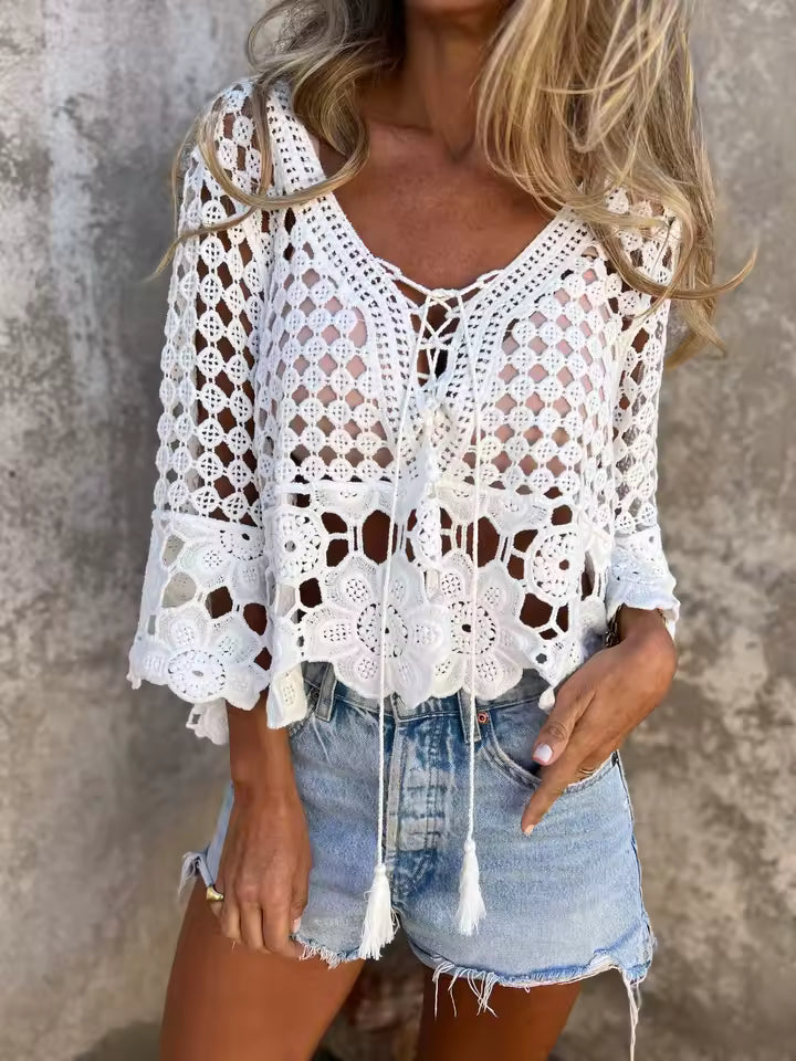 Crochet Lace Beach Cover Up Top – Tie Front Bell Sleeve Blouse - Luxxella