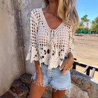 Crochet Lace Beach Cover Up Top – Tie Front Bell Sleeve Blouse - Luxxella