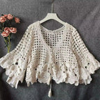 Crochet Lace Beach Cover Up Top – Tie Front Bell Sleeve Blouse - Luxxella