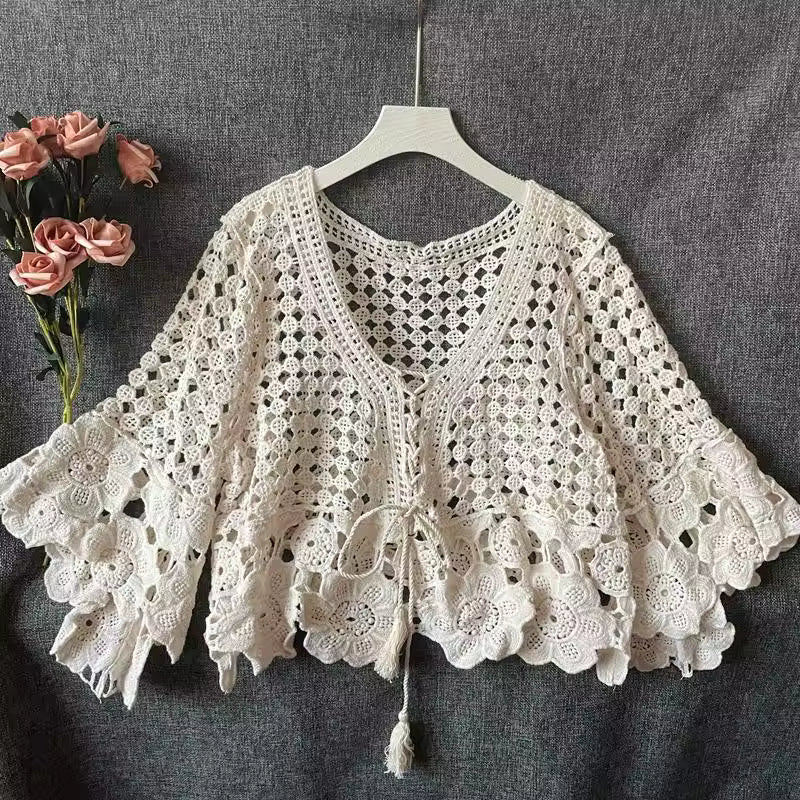 Crochet Lace Beach Cover Up Top – Tie Front Bell Sleeve Blouse - Luxxella